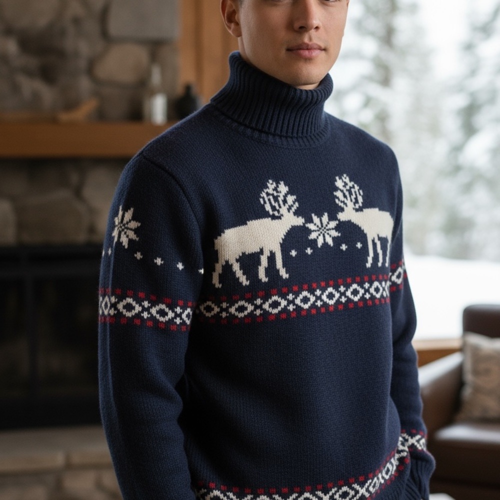 Cozy and stylish H&M Navy Turtleneck Sweater featuring a classic Fair Isle